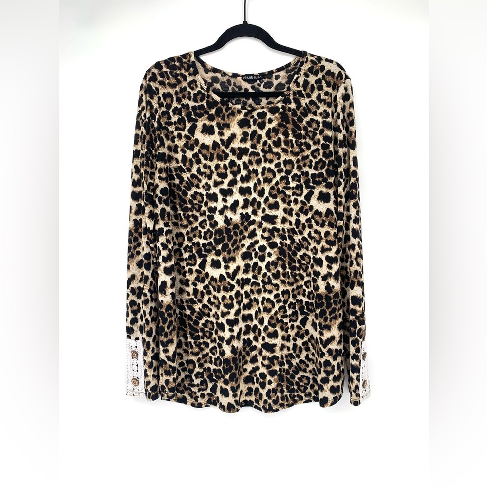 Brown Leopard Print Long Sleeve Rounded Neck Blouse Size XL